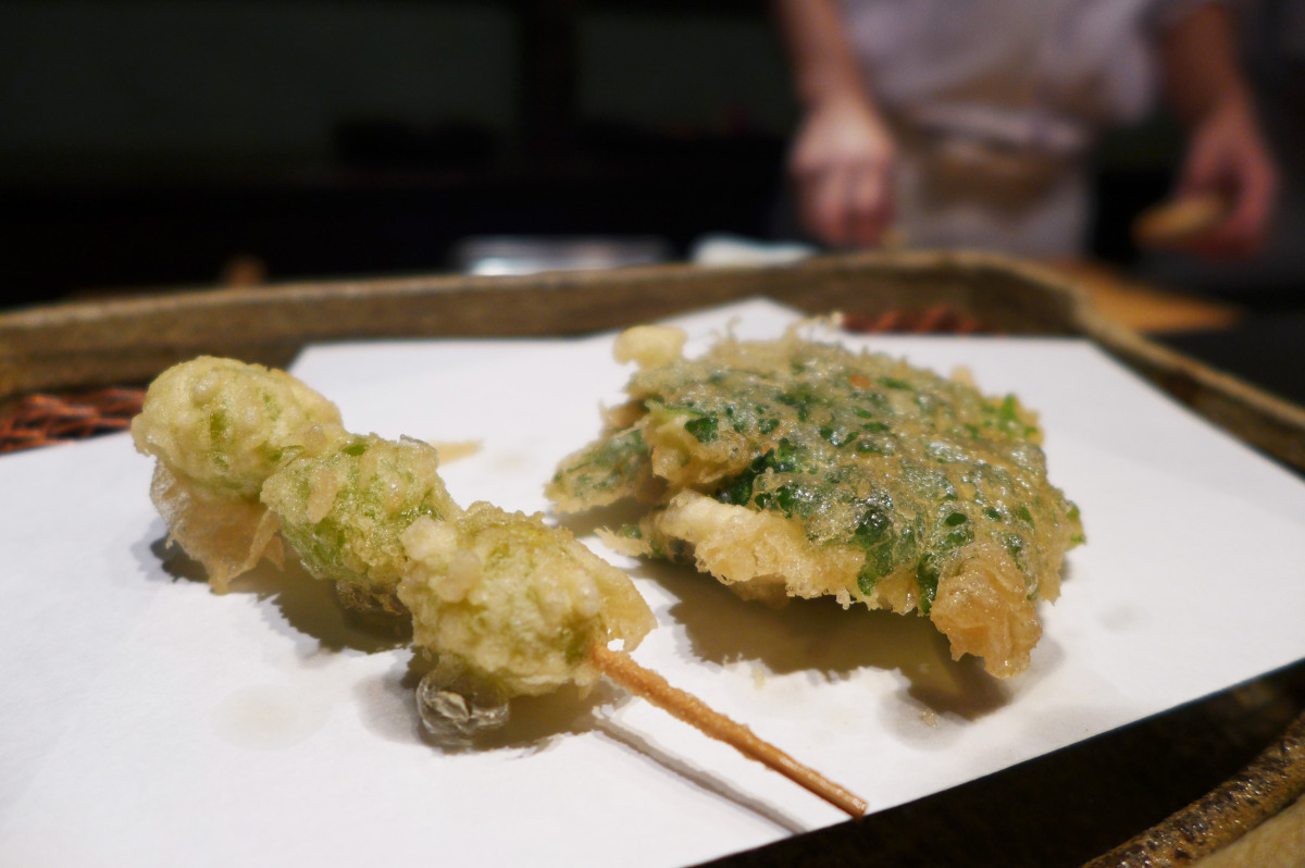 Gingko nuts and uni and shiso leaves