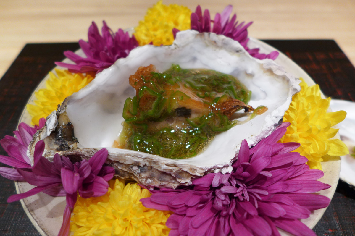 Oyster in okura and dashi sauce