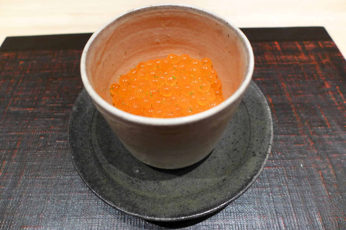 Salmon roe with rice cooked in dashi