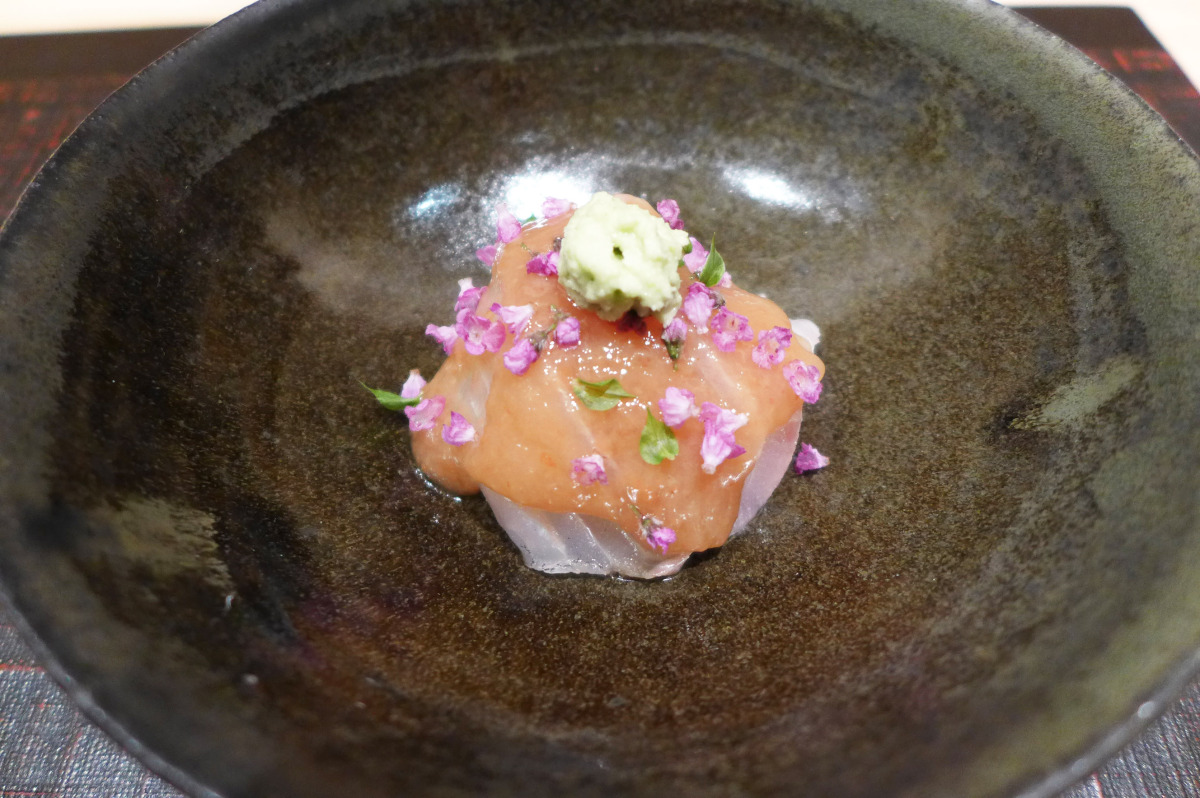 Suzuki (seabass) sashimi in plum, dashi, vinegar and honey sauce