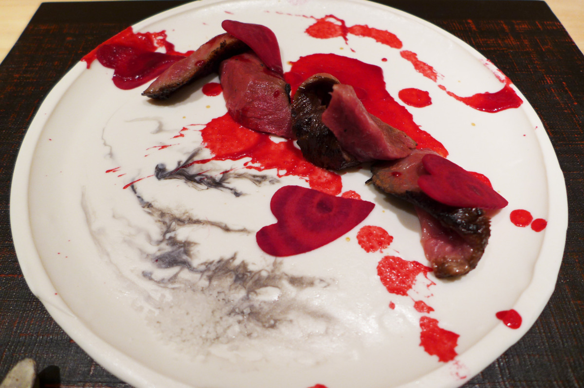 Kuroge wagyu, cooked in dashi for a very long time. Served with beets