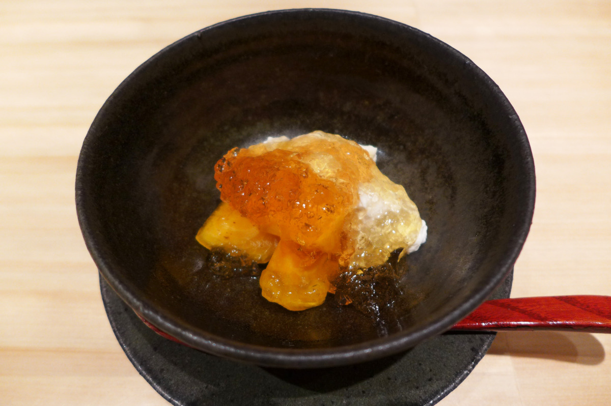 White cheese mousse, Japanese persimmon and rum jelly