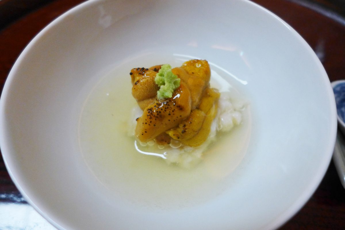 Grilled uni on lotus root