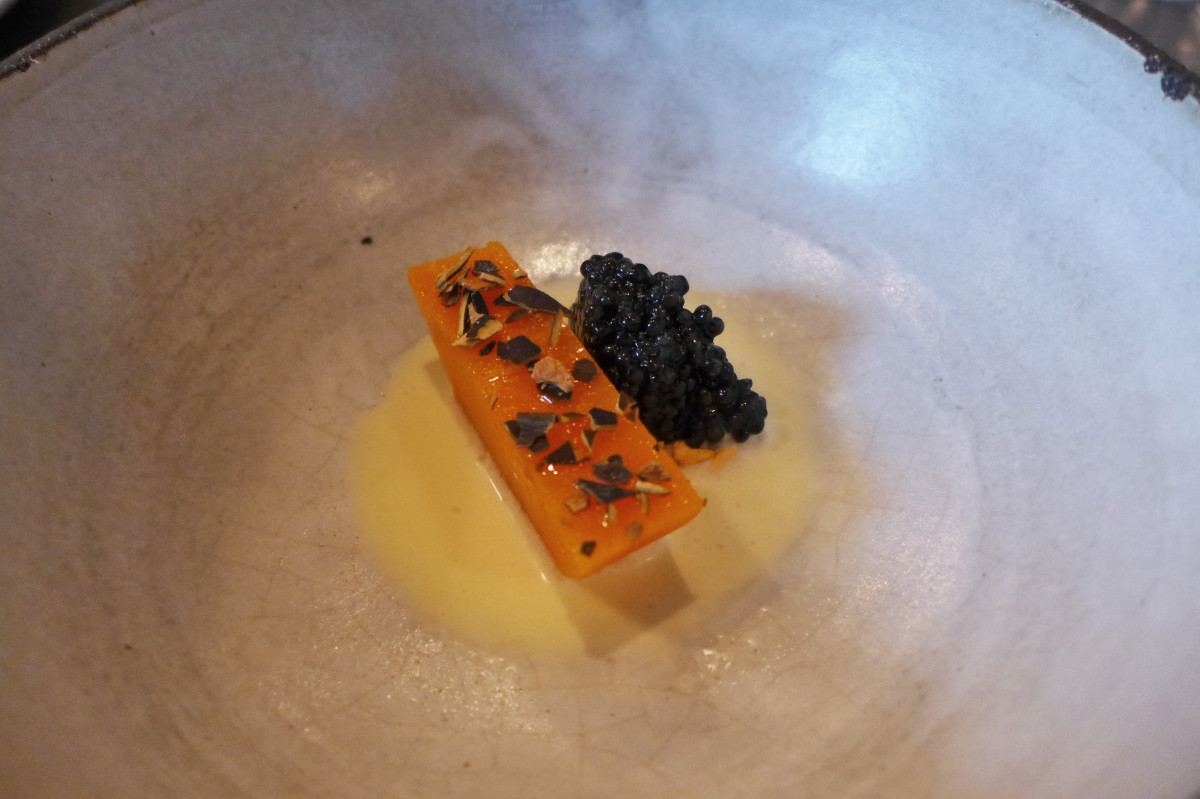 Pumpkin, kelp, beechnuts and caviar - one of the highlights of the meal. Nice contrast between perfectly cooked pumpkin umami and saltiness of caviar...