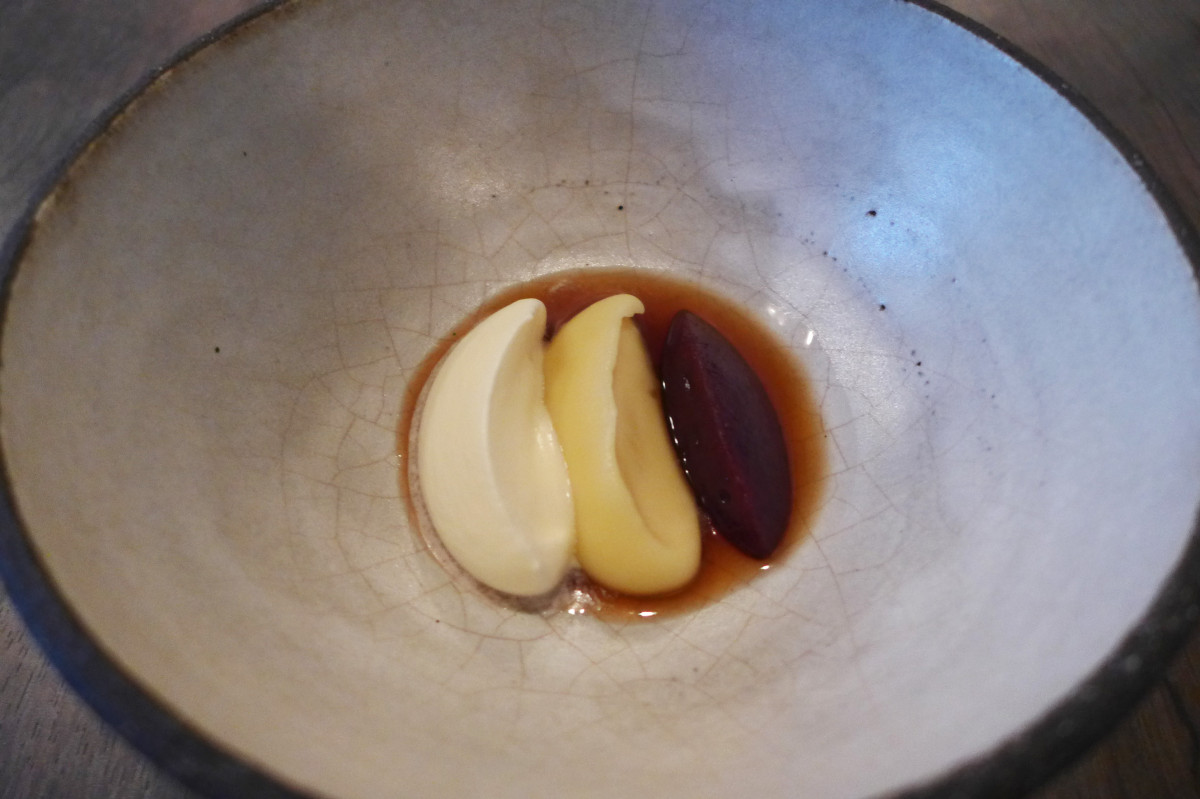 Potato, plum and plum kernel dessert. Who could have thought that mashed potatoes could work in a dessert?