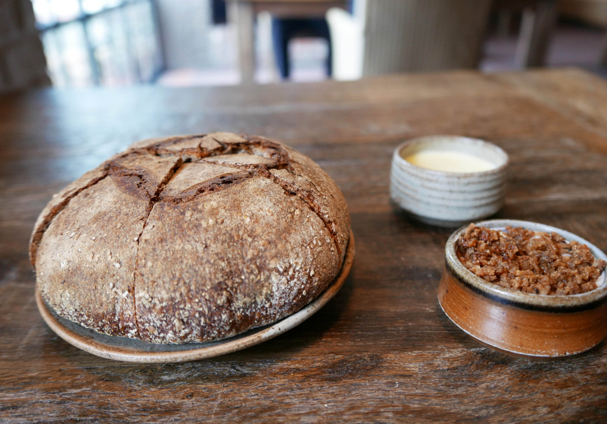 Homemade bread, butter and pork fat