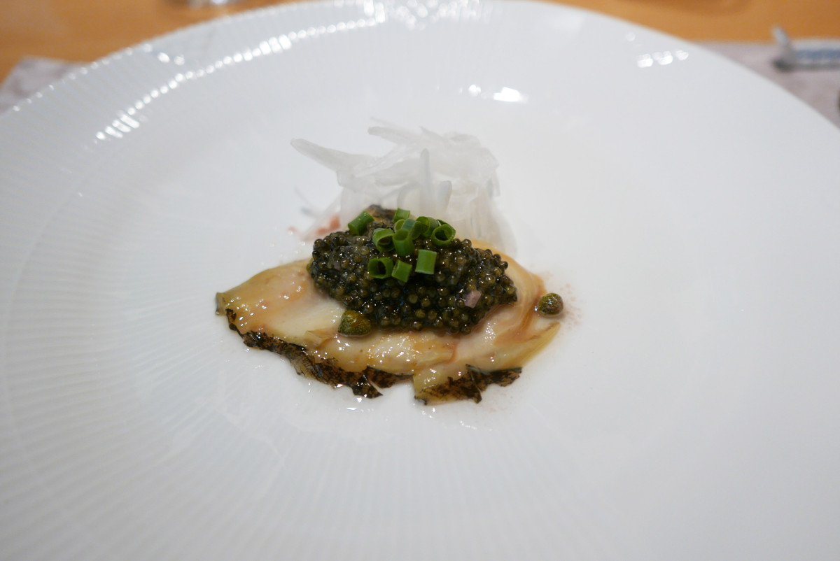 Abalone with caviar and very mild tasting Japanese onions