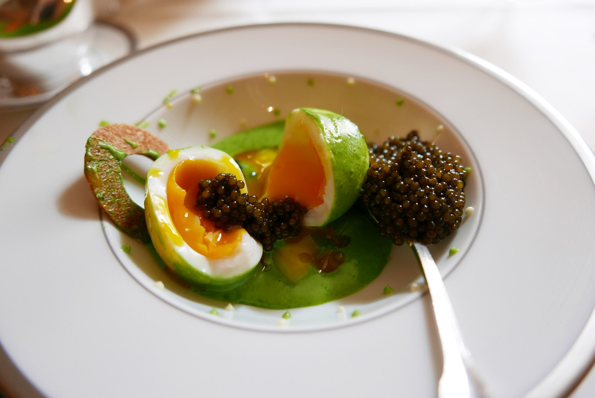  "Egg with green asparagus and watercress sabayon"