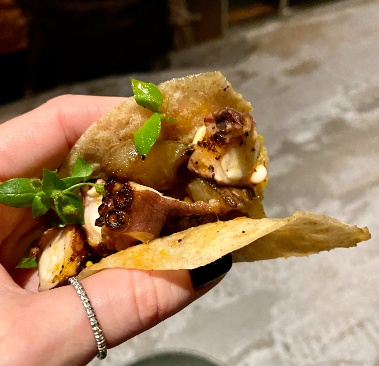 Octopus, bone marrow and Jerusalem artichoke tacos at Kol, London