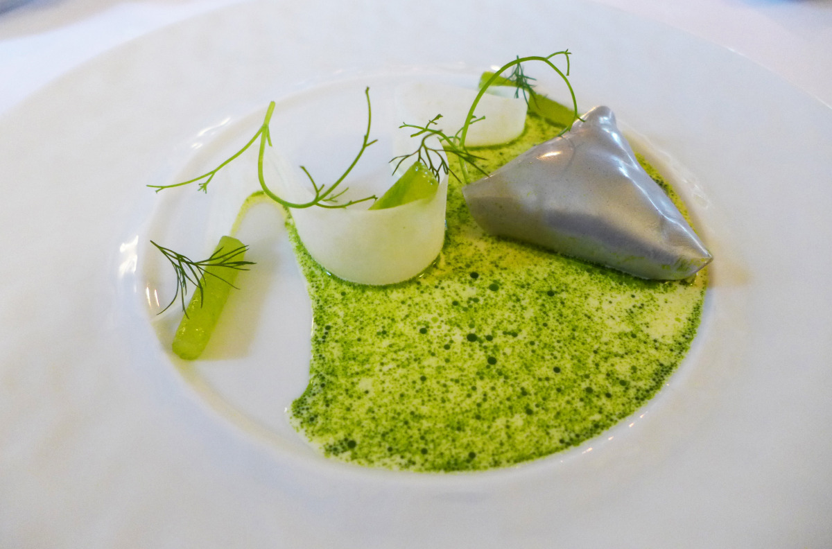Oyster and seas snails in apple "ravioli" with double cream and dill sauce at Søllerød Kro, Holte