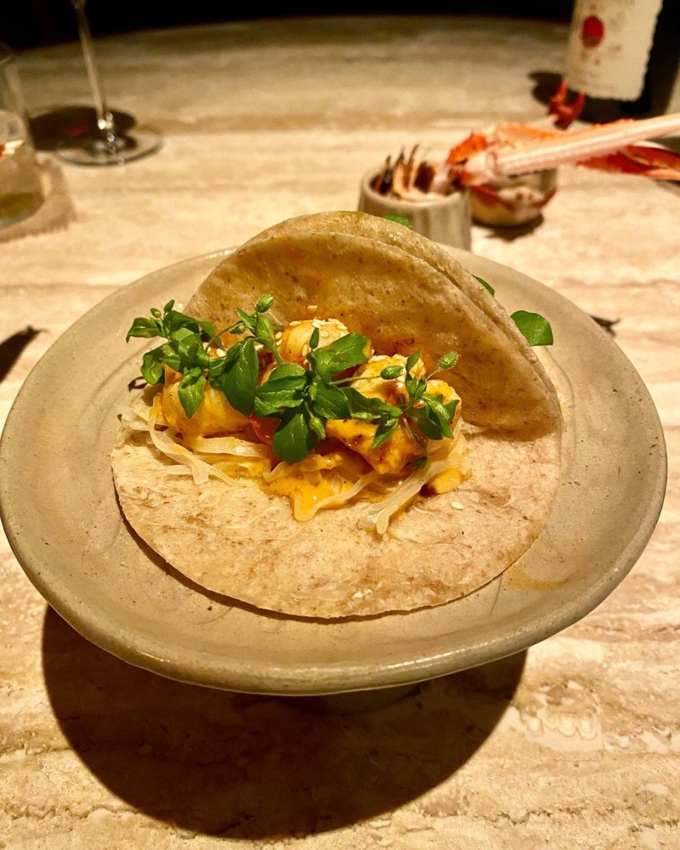 langoustine tacos with smoked chilli, seabuckthorn and its juice