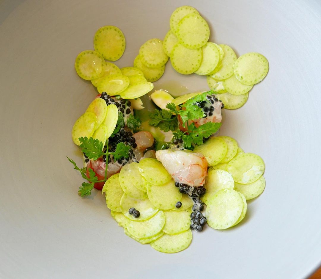 Raw San Remo gamberini with caviar and baby zucchini carpaccio