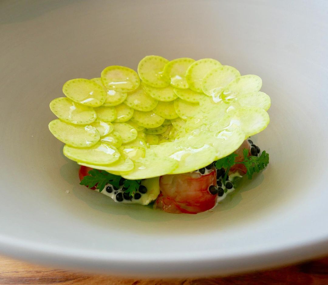 Raw San Remo gamberini with caviar and baby zucchini carpaccio