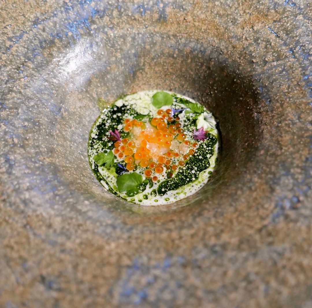 Hake, makgeolli and trout roe