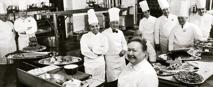 Mère Brazier with her student cooks including Paul Bocuse in 1964