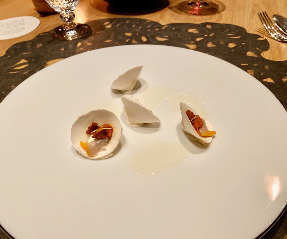 Paris mushroom, sea urchin and egg yolk "origami"
