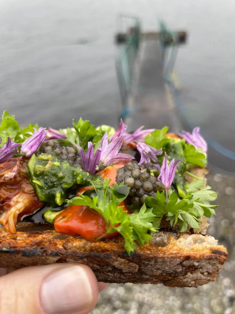 Live langoustines and other seafood on the beach cooked by Koks chefs, The Faroe Islands 