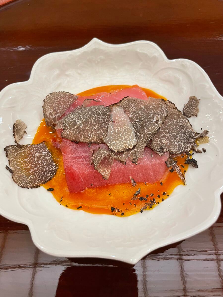 Otoro, soy cured egg yolk and first Périgord truffle at Roketsu, London