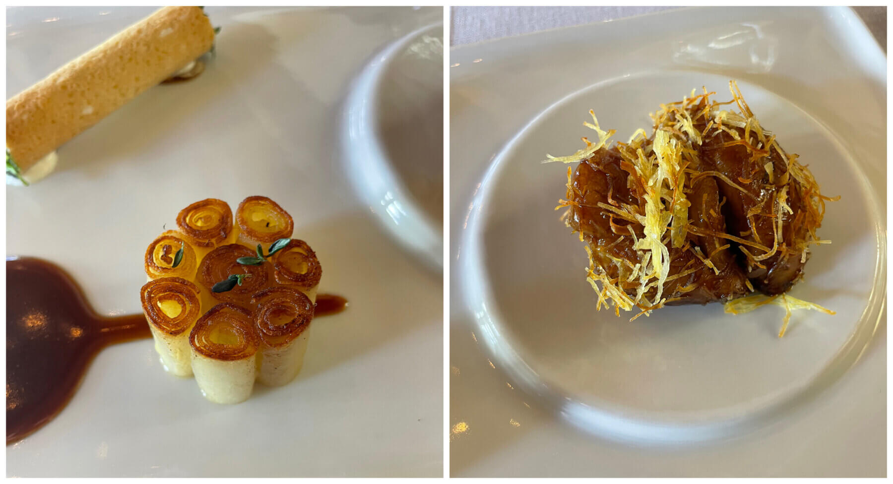 Glazed sweetbread, Agria potato chiffonade, horseradish cigarette russe', beechwood smoke.