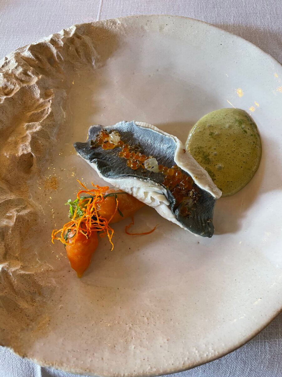 Trout cooked with vinegar ("cuisson au bleu"), with melted butter, carrots with sorrel and nettles sabayon.